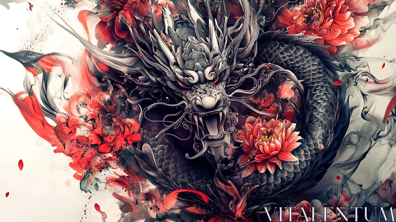 Majestic dragon coils through blooming crimson peonies.