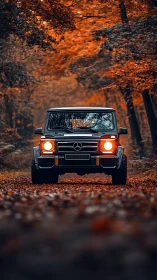 Front-facing Mercedes G-Class in saturated autumn forest corridor.