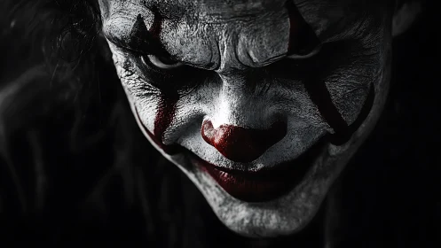 High-contrast clown portrait in dramatic chiaroscuro lighting.