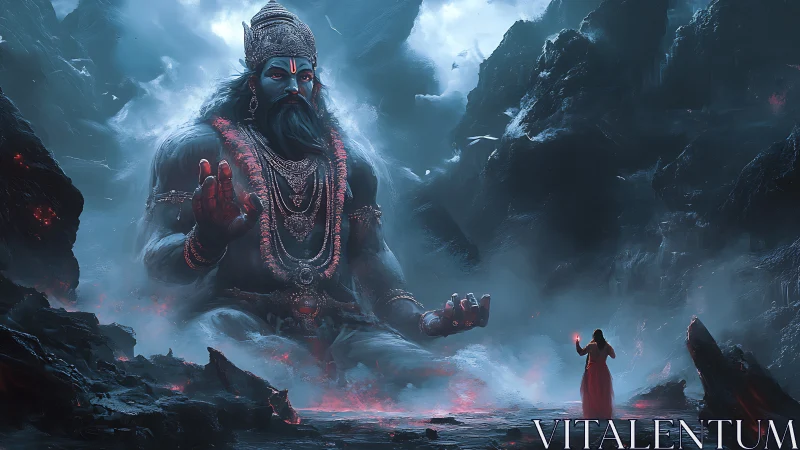 Colossal ash-blue mountain deity confronting lone red-robed figure