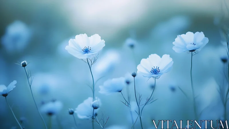 Delicate white flowers bloom in soft blue haze.