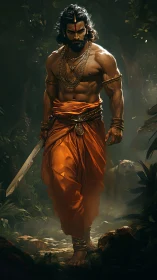 Warrior sage in orange robes walking through jungle path.