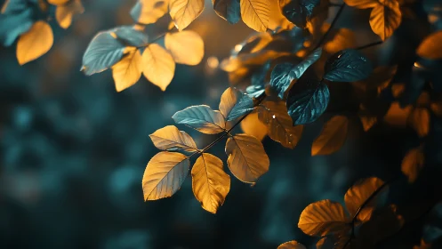 Golden and teal foliage glows in dreamy forest light.
