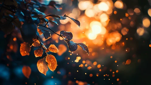 Leaves trade whispers with sunset sparks in glowing drizzle