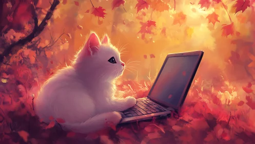 Curious White Cat Discovers Technology in Autumn's Glow.