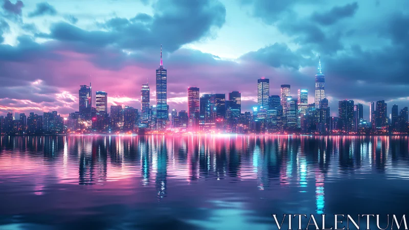 Urban skyline is mirrored in calm water with neon-toned lighting