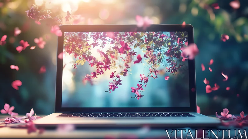 Laptop screen displays shallow-depth bokeh blossoms and petals