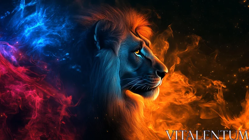 Lion profile rendered in dual blue and orange energy light