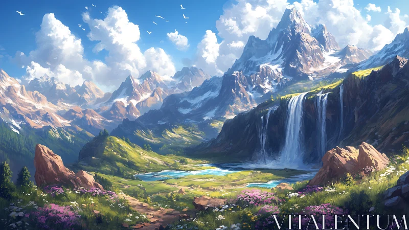 Mountain valley landscape shows waterfalls, lakes, and flowers