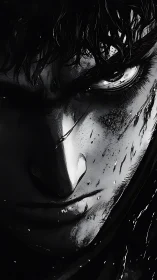 Brooding monochrome warrior portrait in extreme close-up.