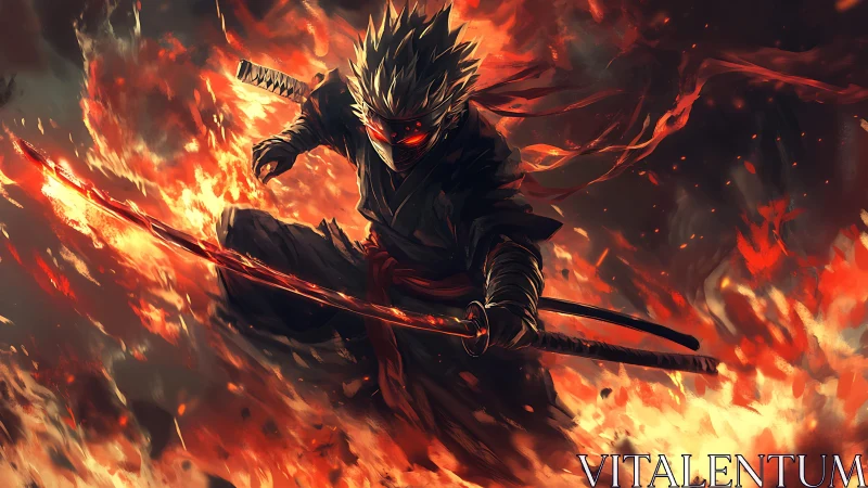 Fire-clad ninja warrior slashes through blazing inferno.