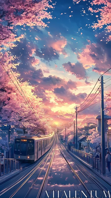Sunset tram gliding through cherry blossom avenues of sky.