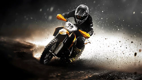 High-velocity motocross drift in dynamic particulate spray.