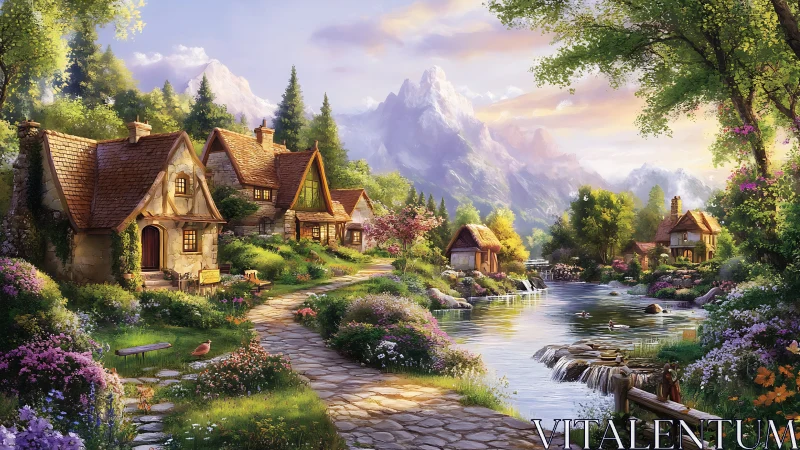 Idyllic riverfront cottages under luminant alpine atmosphere.