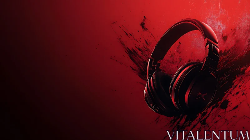 Red gaming headphones on abstract black paint background.
