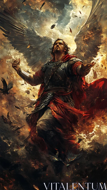 Armored archangel ascending through firelit storm clouds