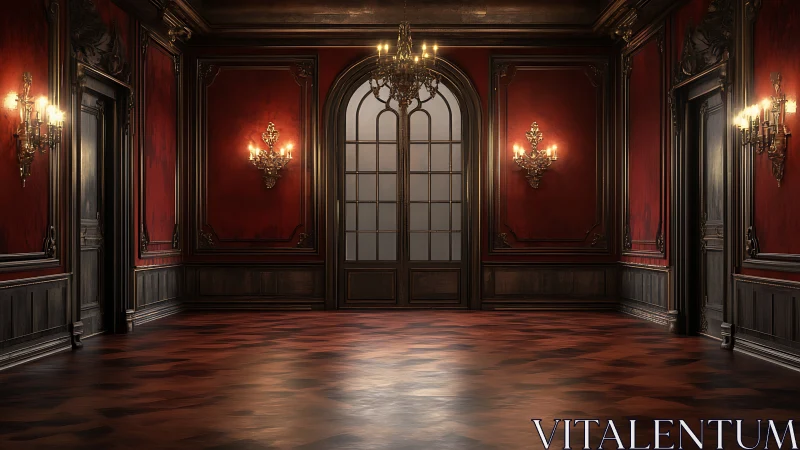 Candlelit crimson ballroom waits in hushed, gilded splendor.