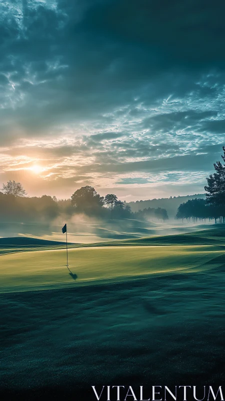 Gentle sunrise over a quiet golf green wrapped in morning mist.