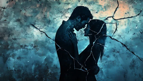 Silhouetted Figure Pair with Fractured Architectural Elements Against Textured Gradient
