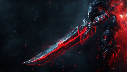 Armored warrior holds oversized glowing red-edged sword