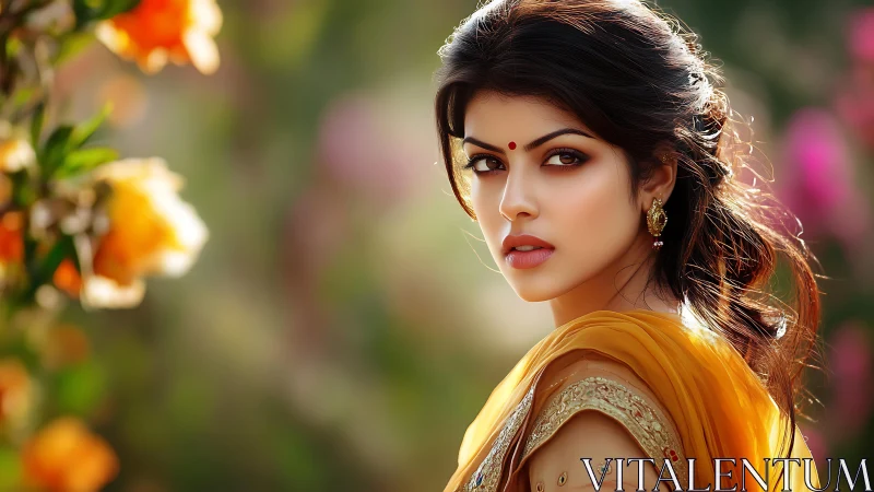 Portrait of woman in saree with blurred floral backdrop.