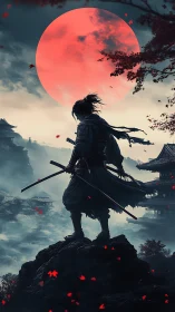 Lone samurai overlooks misty valley under vast red moon