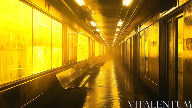 Wet metallic subway corridor under harsh monochrome sodium lighting
