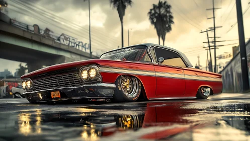 Lowrider legend cruises through neon rain-soaked streets.