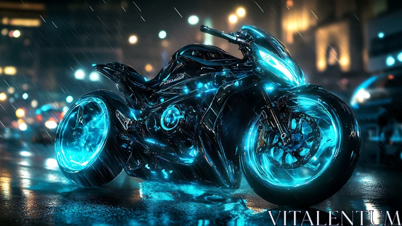 Electric blue cyber bike glows boldly in a rainy neon city