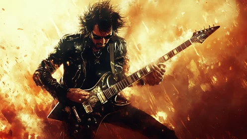 Guitar hero shredding through explosive fiery stage storm.