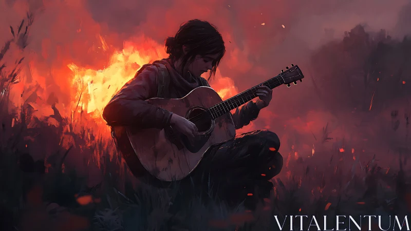 Person plays acoustic guitar in front of intense outdoor fire