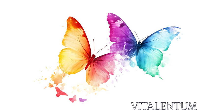 Watercolor duet of rainbow butterflies in luminous flight.