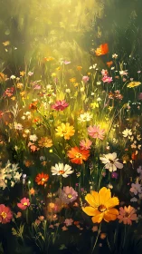 Oil Painting Wildflower Meadow with Golden Luminescence