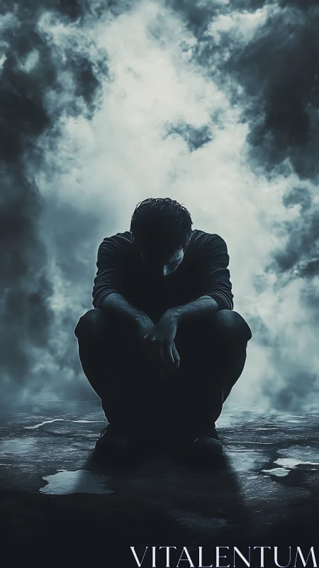 Silhouetted figure crouching under dark, clouded sky.