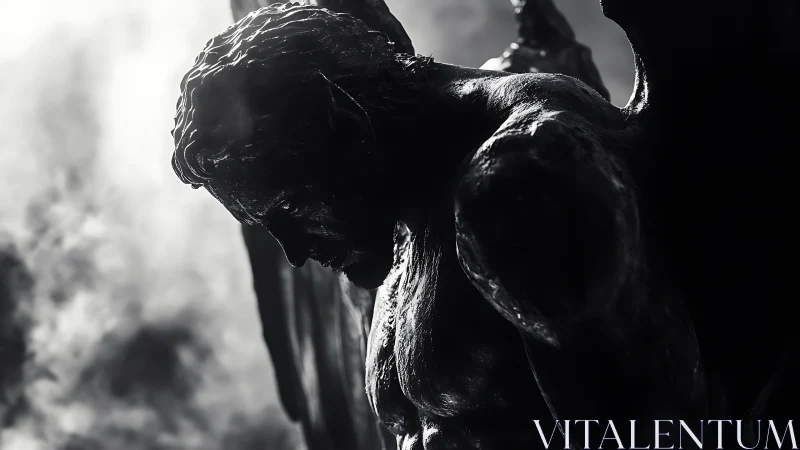 High-contrast fallen angel statue in dramatic side lighting