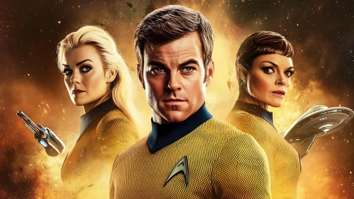 Starfleet officers stand united against a cosmic inferno