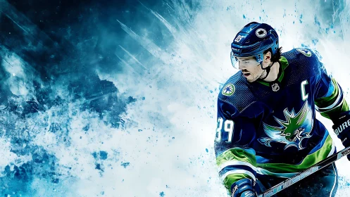 Icy burst of energy with a determined hockey captain in motion.