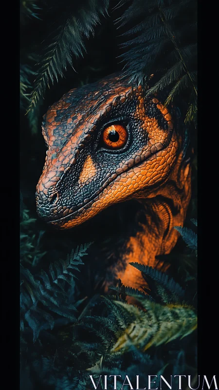 Raptor-like reptilian head is framed by dense fern foliage