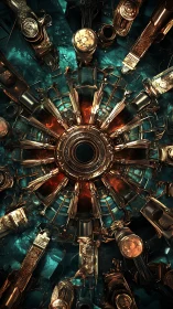 Clockwork Nebula Core in molten teal and hammered gold.