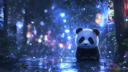 Luminescent rain-slick alley frames stylized panda at night