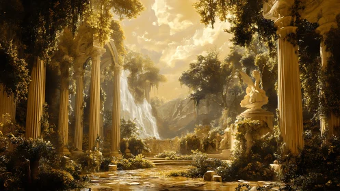 Golden ancient ruins cradle a sunlit waterfall sanctuary