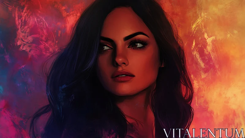 Digital portrait woman against vivid warm color abstract field.