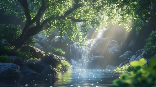 Digital painting of luminous forest waterfall with dappled light.