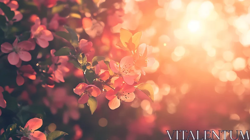 Backlit cherry blossoms with warm golden bokeh glow.