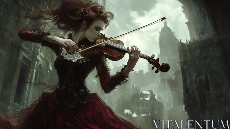 Victorian violinist performs amid gothic ruins in moody chiaroscuro