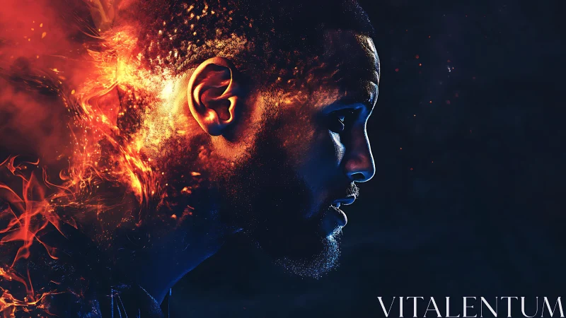 Burning profile portrait in dual-tone fiery abstraction.