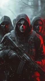 Masked tactical squad advances through eerie red-lit fog