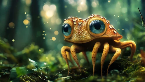 Big eyed forest creature studies glowing moss floor