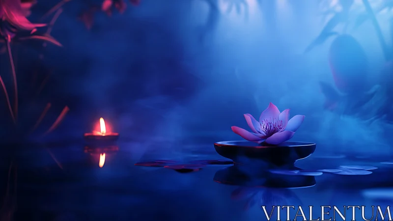 Digital zen composition with luminous lotus and candlelight glow.