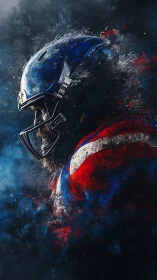 Fierce football warrior emerges through smoke and shattered color